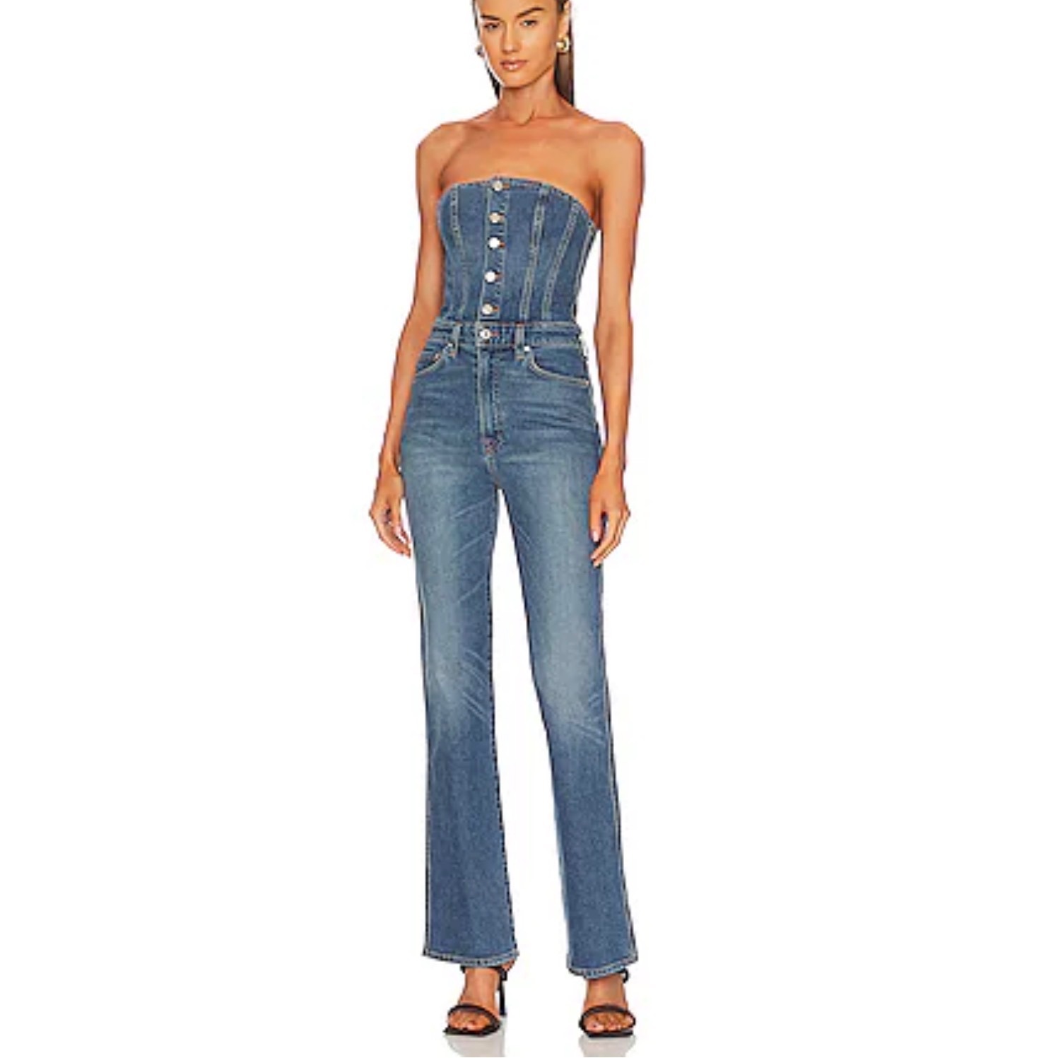 Grlfrnd Denim Strapless Button Front Jumpsuit Medium Wash Blue Size 32